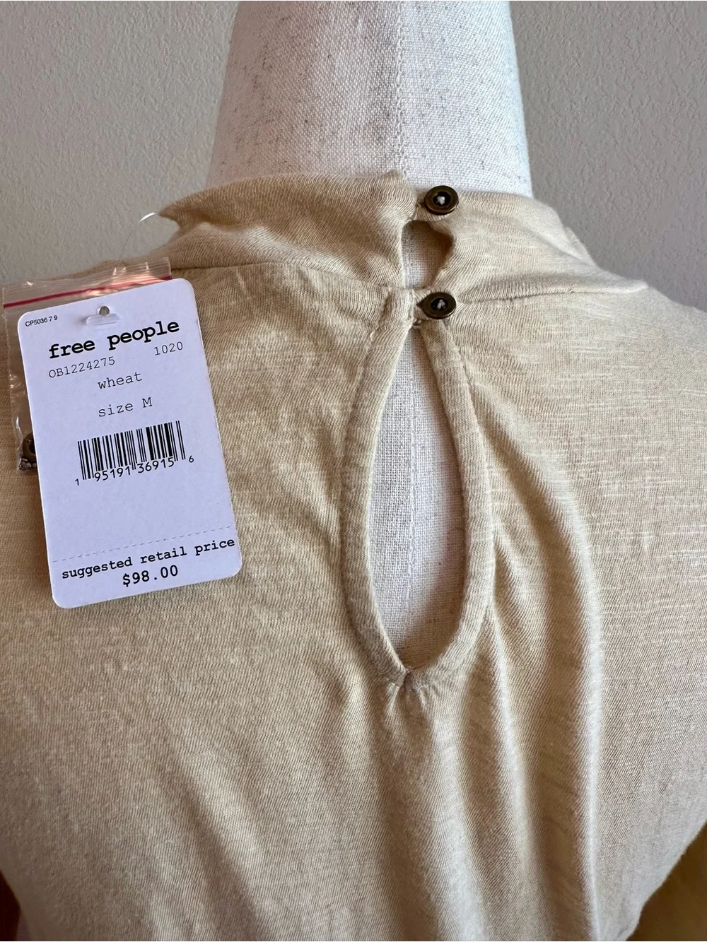 NWT Free People We The Free Hooked On You Top Wheat Cotton Sz M Embroidered Cuff